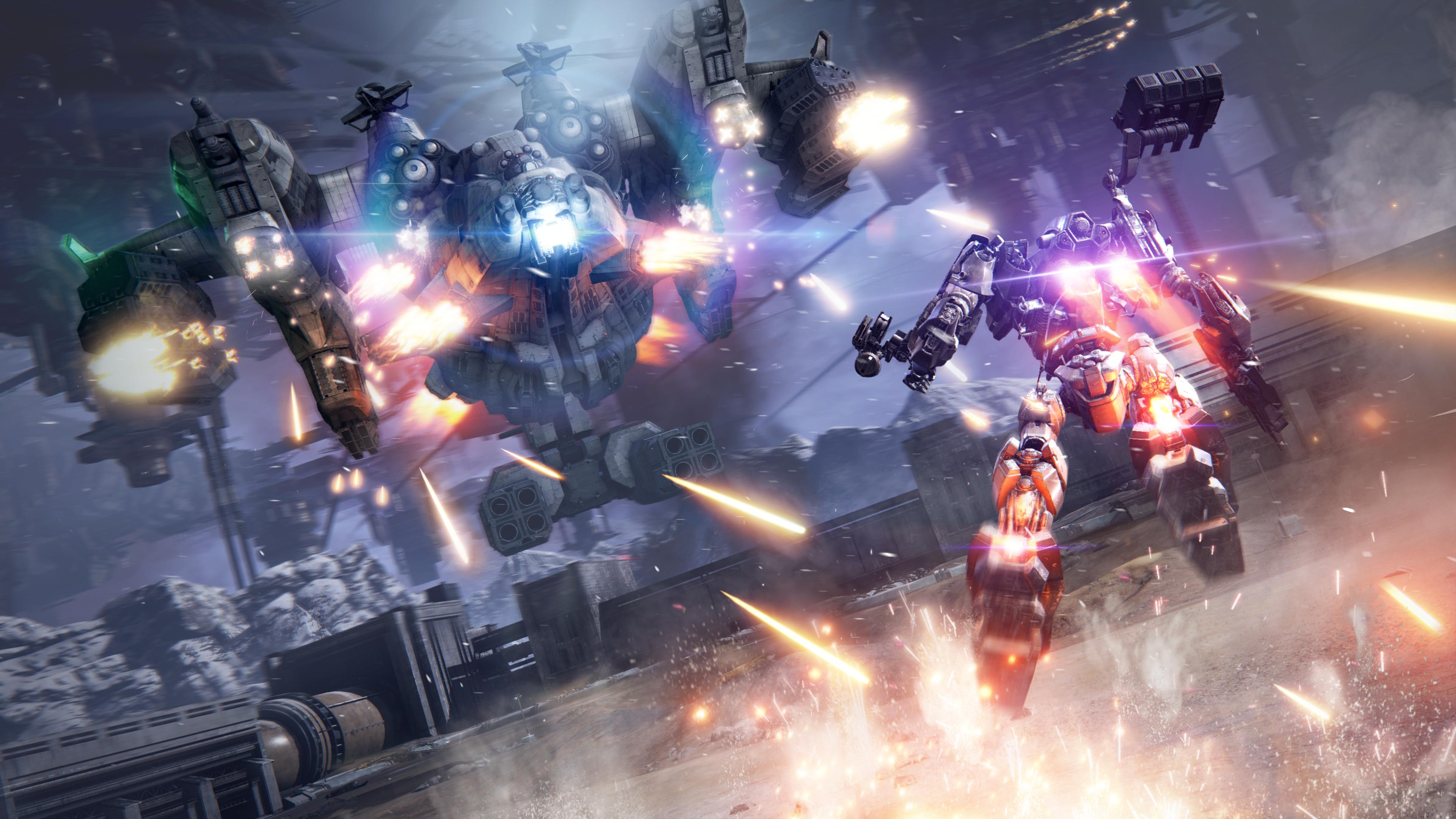 An Armored Core dodges incoming fire from a gunship via Armored Core VI: Fires of Rubicon (2023), Bandai Namco Entertainment