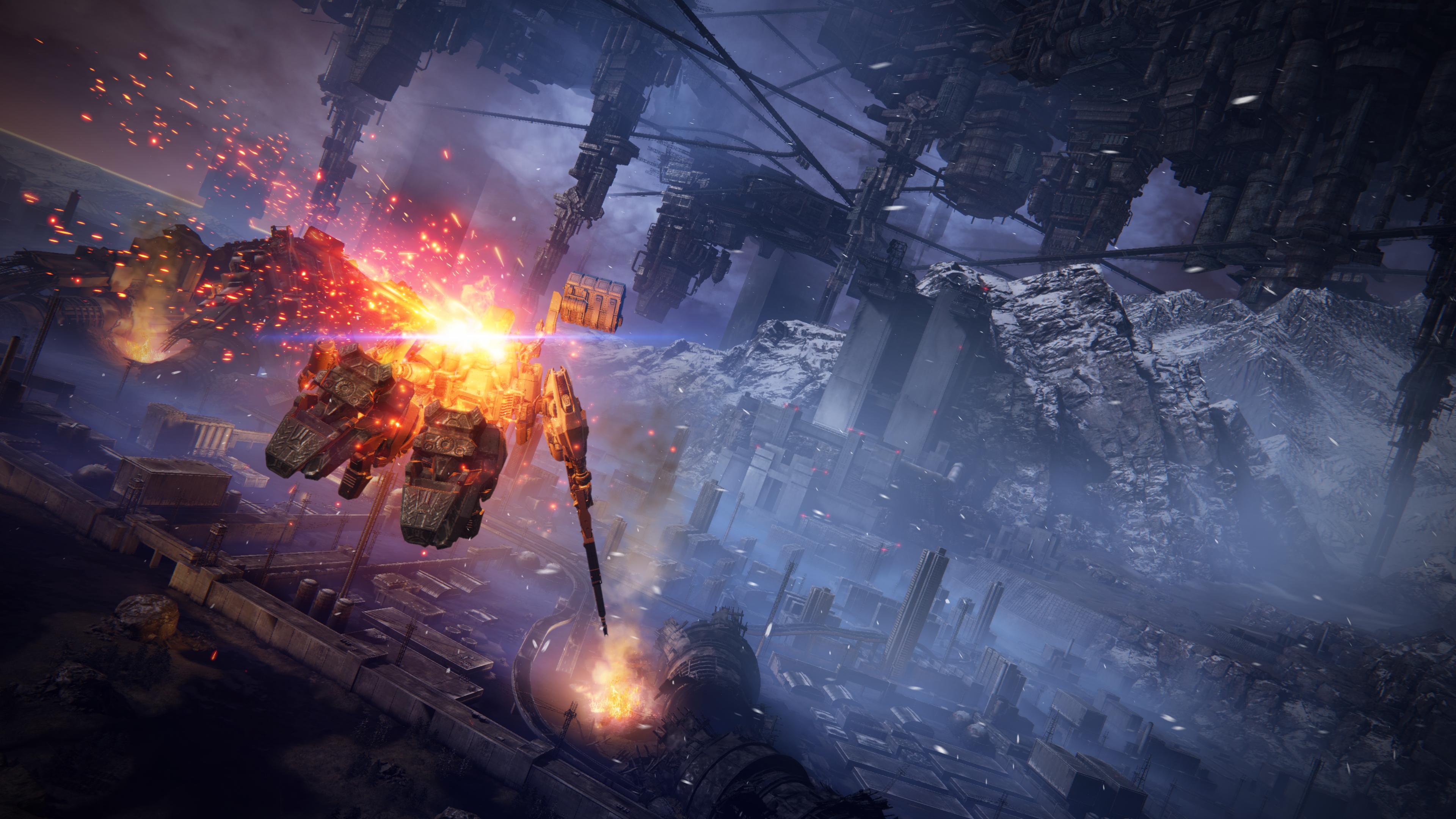 An Armored Core rockets towards a ruined facility in the mountains via Armored Core VI: Fires of Rubicon (2023), Bandai Namco Entertainment