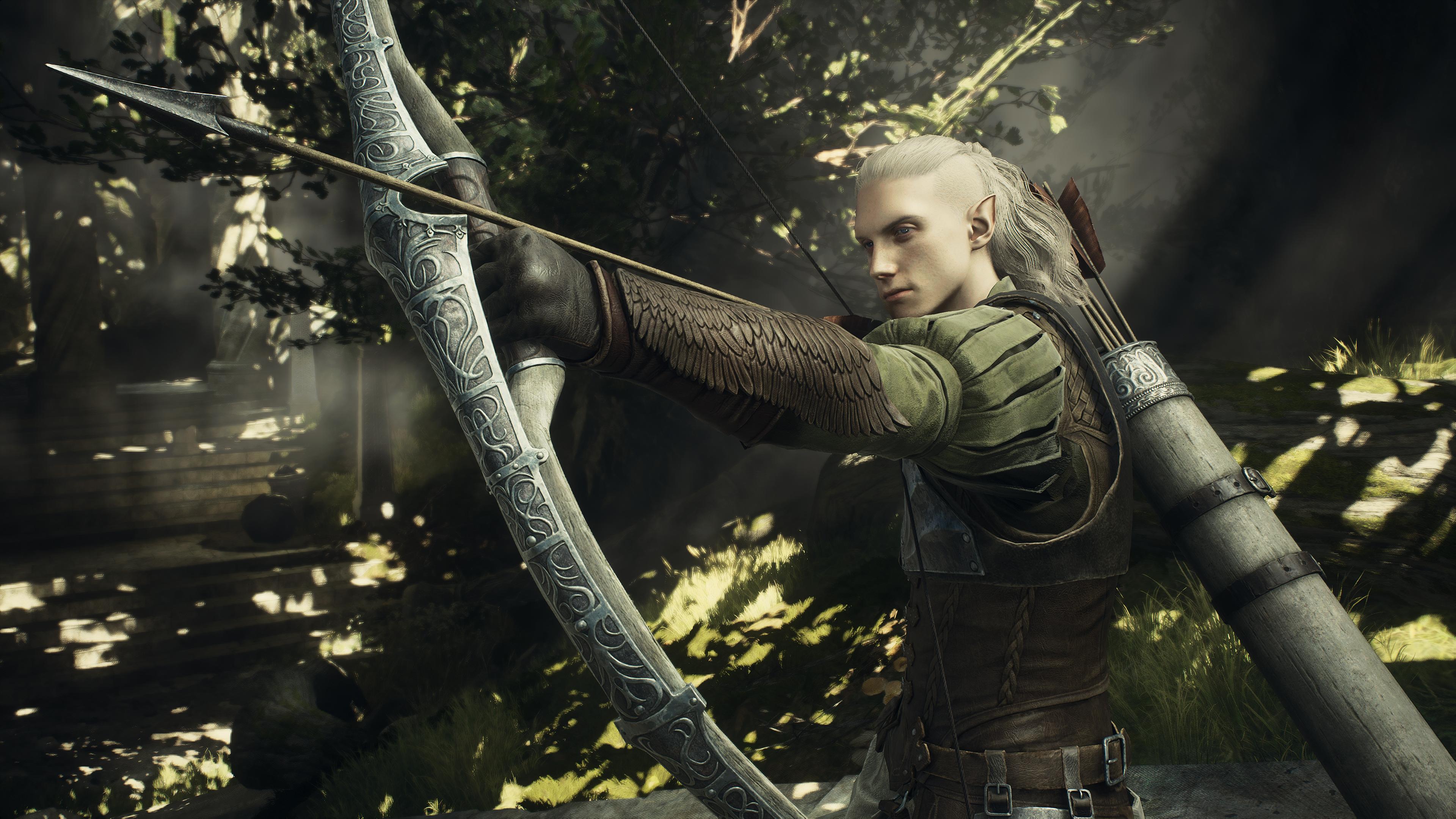 Glwynder draws his bow in Dragon's Dogma 2 (2024), Capcom