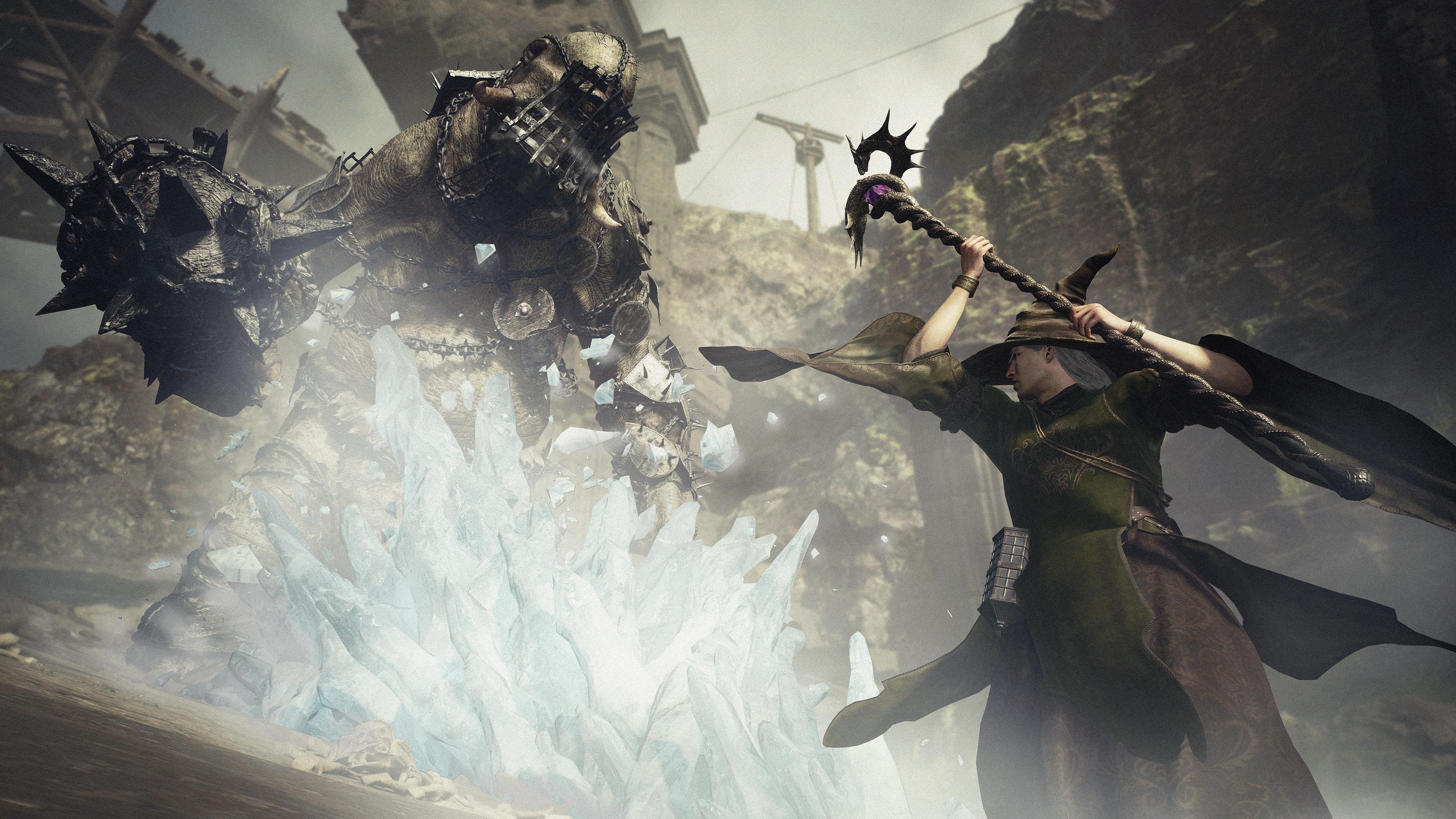 The Arisen uses their sorcery to stop a cyclops in its tracks in Dragon's Dogma 2 (2024), Capcom