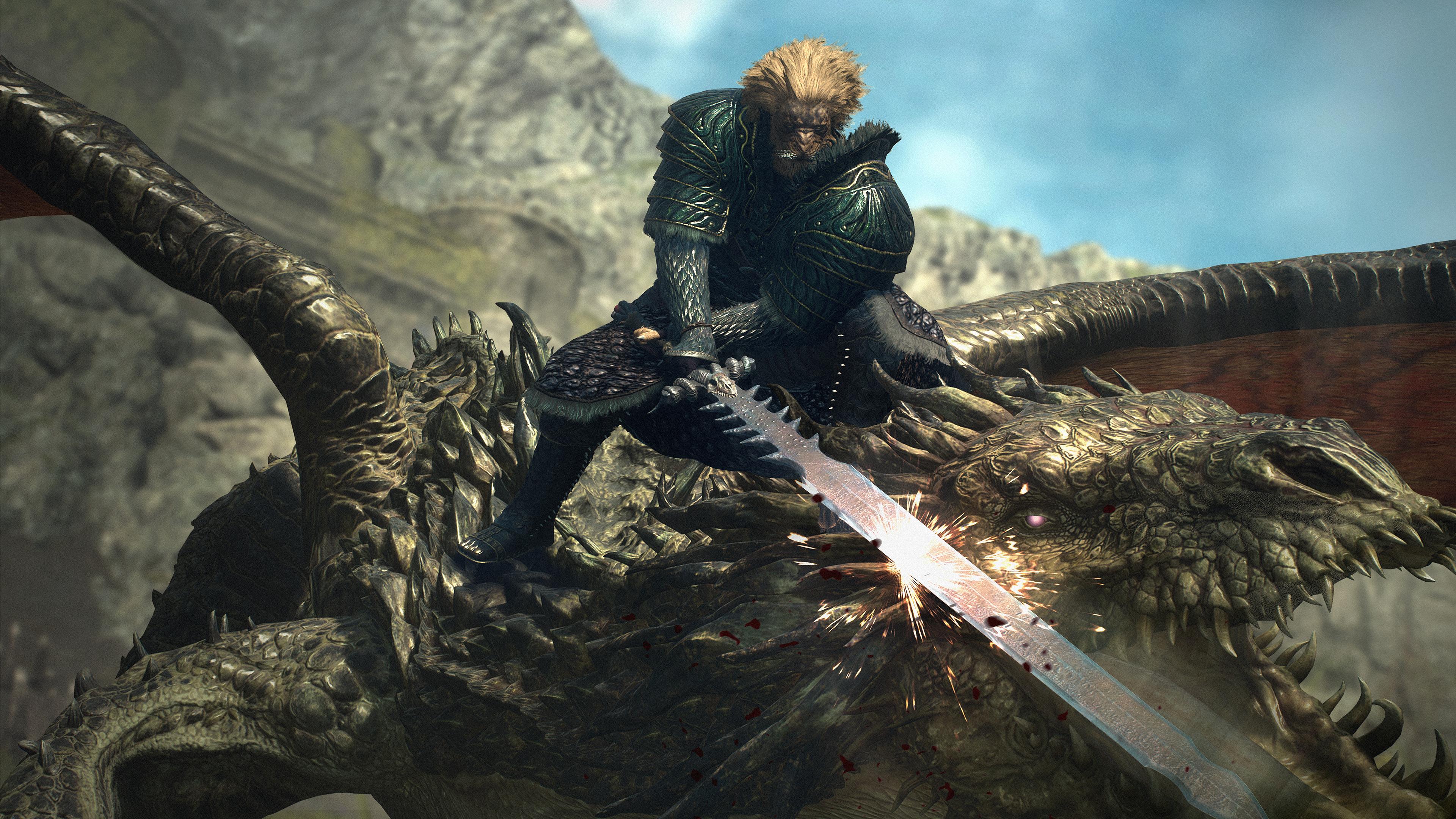 The Arisen brings his broadsword down upon a dragon in Dragon's Dogma 2 (2024), Capcom