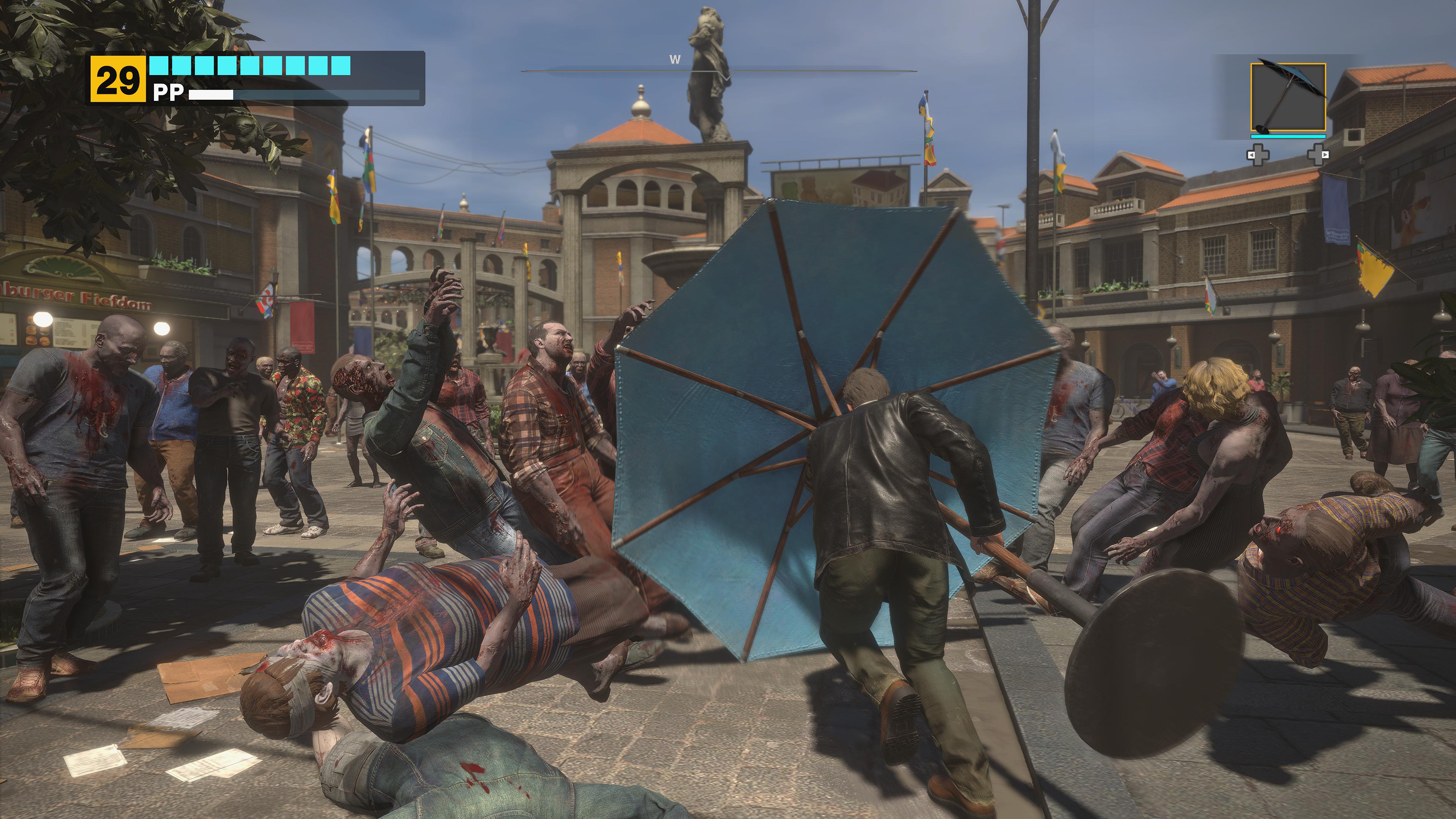 Frank West (TBA) charges through zombies with an umbrella in Dead Rising Deluxe Remaster (2024), Capcom