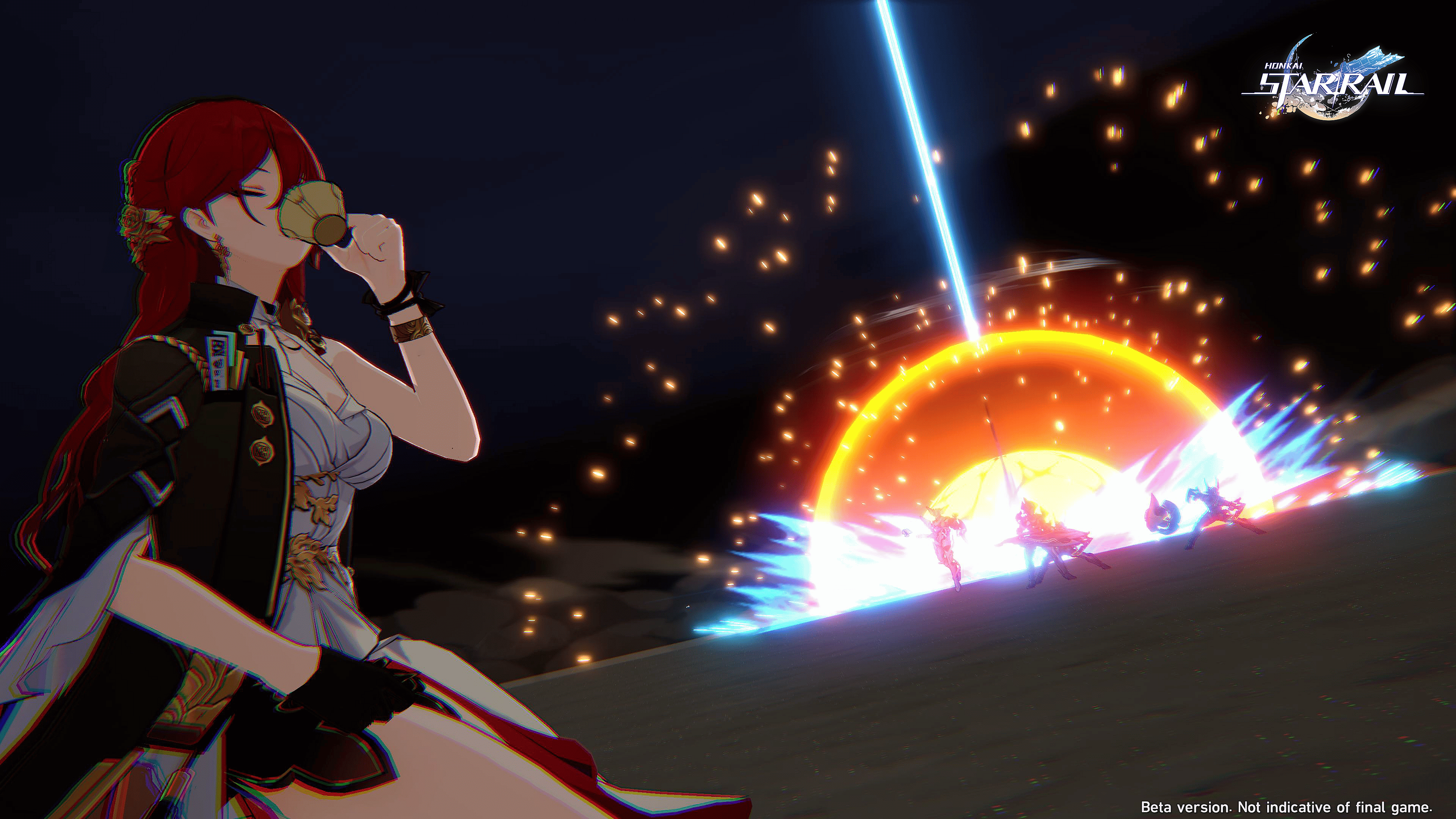 Himeko sips tea while enemies are blasted by space-laser in Honkai: Star Rail (2023), HoYoverse