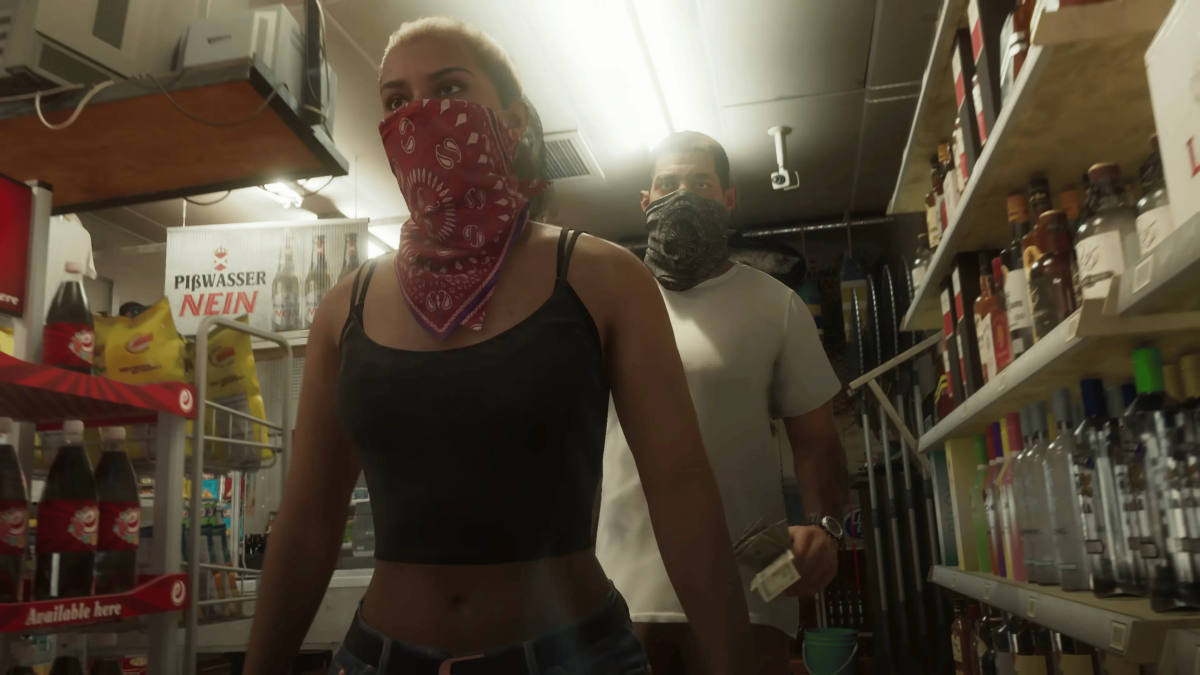 Lucia (TBA) and Jason (TBA) rob a liquor store in Grand Theft Auto VI (2025), Rockstar Studios
