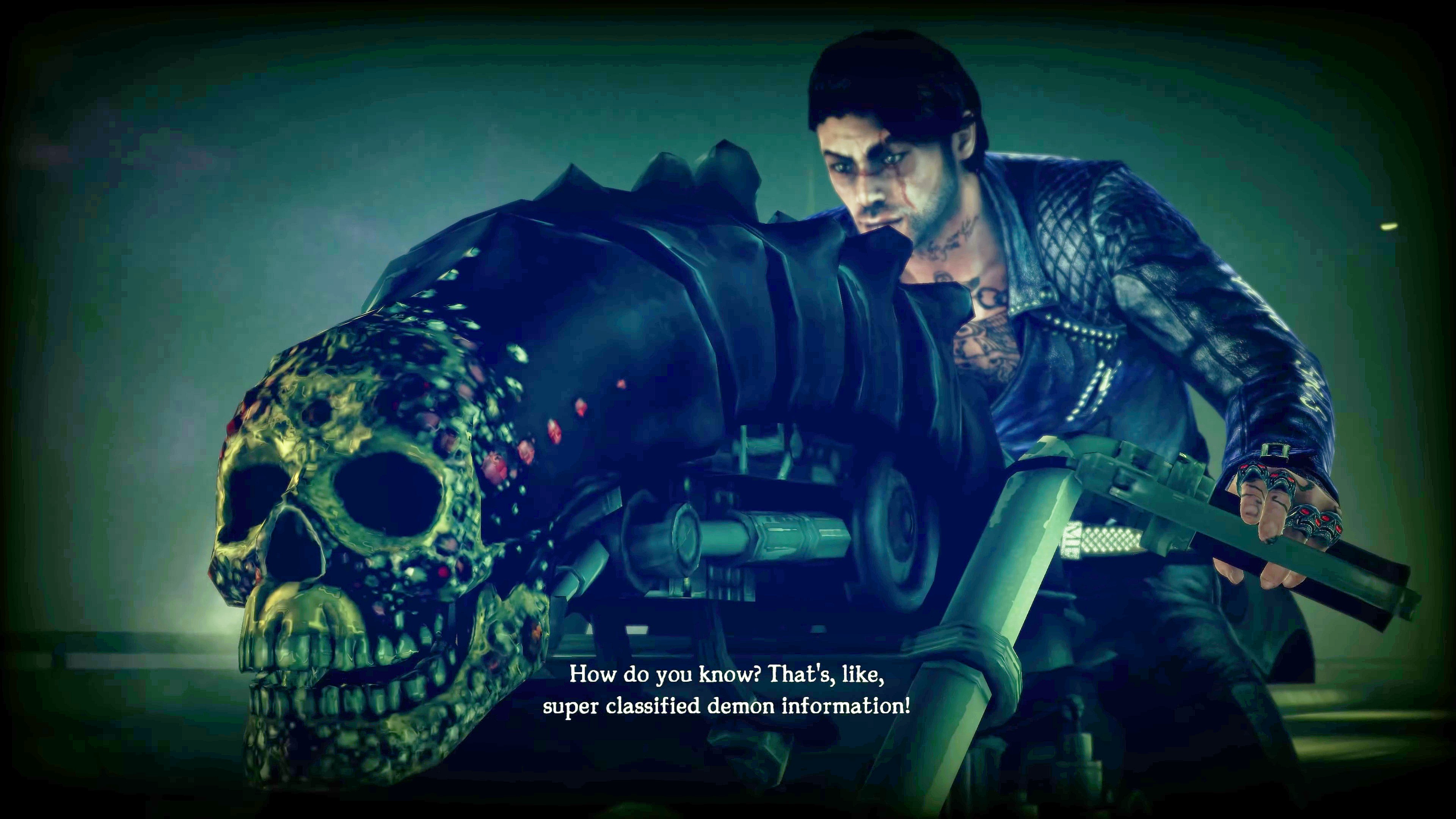 Johnson (Greg Ellis) questions Garcia's (Steve Blum) demonic knowledge in Shadows of the Damned: Hella Remastered (2024), Grassopper Manufacture