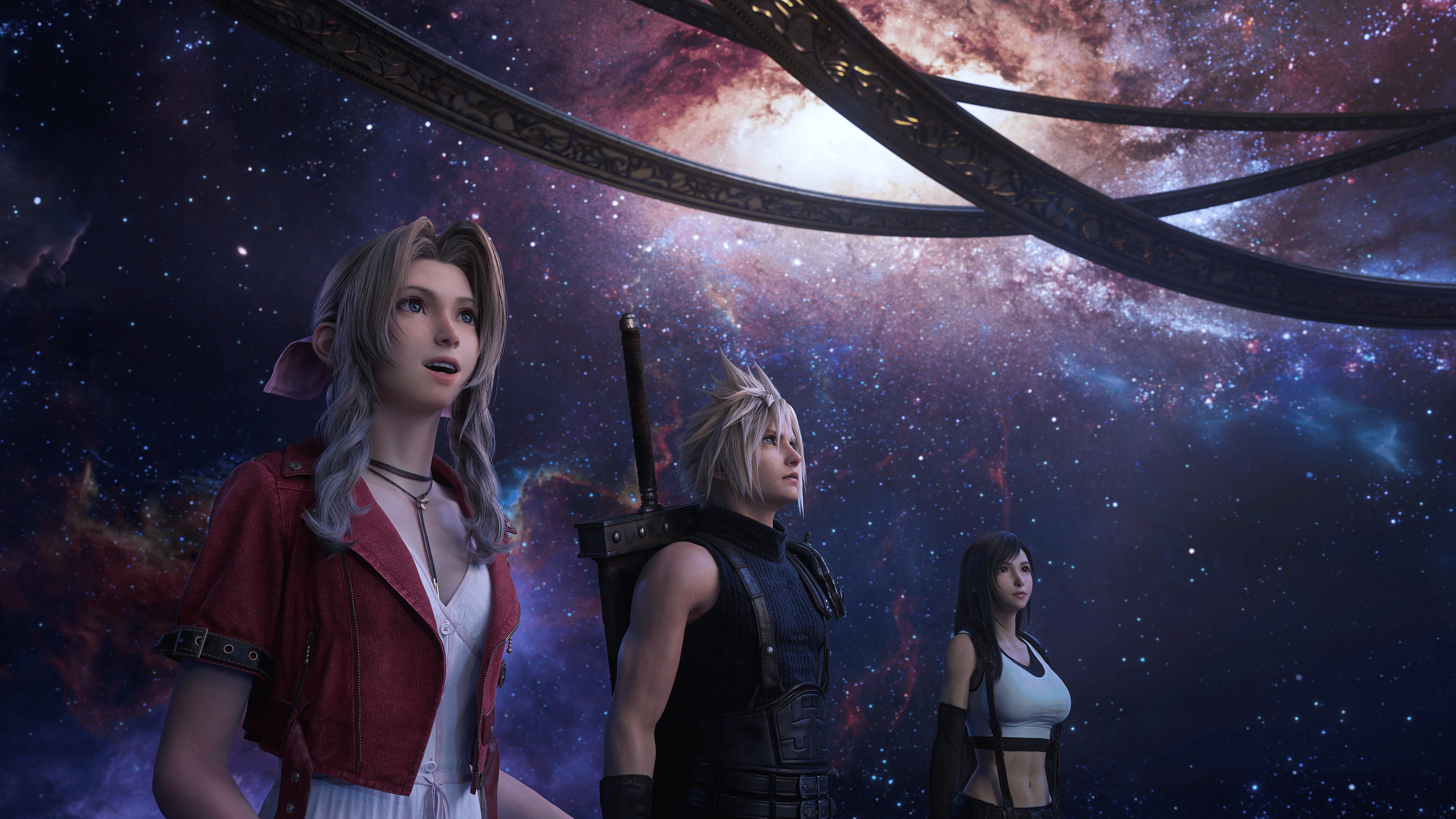 Aerith (Maaya Sakamoto), Cloud Strife (Takahiro Sakurai), and Tifa (Ayumi Ito), take in the history of the planet at the Cosmo Canyon Observatory in Final Fantasy VII Rebirth (2023), Square Enix