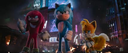 Sonic (Ben Schwartz), Tails (Colleen O'Shaughnessey), and Knuckles (Idris Elba) stand ready to fight in Sonic the Hedgehog 3 (2024), Paramount Pictures