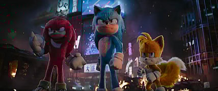 Sonic (Ben Schwartz), Tails (Colleen O'Shaughnessey), and Knuckles (Idris Elba) stand ready to fight in Sonic the Hedgehog 3 (2024), Paramount Pictures