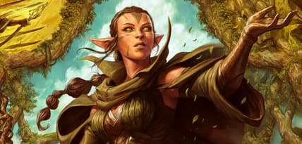Nissa of Shadowed Boughs via Card #283, Zendikar Rising (2020), Wizards of the Coast. Art by Dave Rapoza.