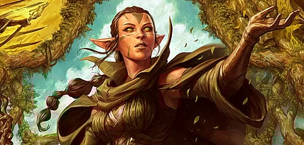 Nissa of Shadowed Boughs via Card #283, Zendikar Rising (2020), Wizards of the Coast. Art by Dave Rapoza.