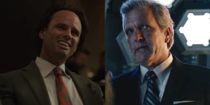 Sonny Burch (Walton Goggins) plotting against Pym Tech in Antman and the Wasp (2018),: Mitchell Carson (Martin Donovan) together at Pym Tech in Ant Man, 2015, Marvel Entertainment
