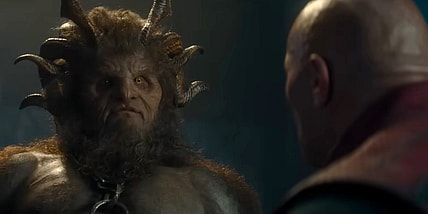 Krampus (Kristofer Hivju) and Callum Drift (Dwayne Johnson) facing off in Red One (2024), Amazon MGM Studios