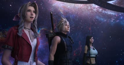 Aerith Gainsborough (Briana White), Tifa Lockhart (Britt Baron), and Cloud Strife (Cody Christian) in awe at the Planetarium in Final Fantasy VII Rebirth (2024), Square Enix