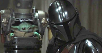 Din Djarin (Pedro Pascal) and Grogu prepare to raid Moff Gideon's (Giancarlo Esposito) base in The Mandalorian Season 3 Episode 8 "Chapter 24: The Return" (2023), Disney
