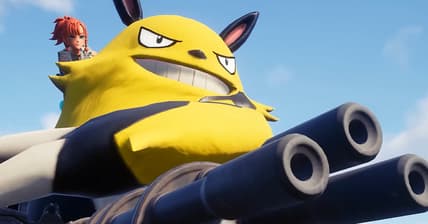 A Grizzbolt draws a mini-gun in Palworld (2024), Pocket Pair Inc.
