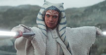 Ahsoka Tano (Rosario Dawson) draws her lightsabers on Baylan Skoll (Ray Stevenson) in Ahsoka Season 1 Episode 7 "Part Seven: Dreams and Madness" (2023), Disney