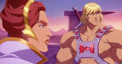 He-Man (Chris Wood) and Teela (Sarah Michelle Gellar) take on Snake Mountain in Masters of the Universe Revelation Season 1 Episode 2 "The Poisoned Chalice" (2021), Netflix
