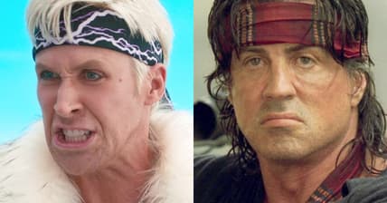 Ken (Ryan Gosling) finds himself losing the Barbie/Ken War in Barbie (2023), Warner Bros. Pictures / Rambo (Sylvester Stallone) looks upon the destruction wrought by his RPG in Rambo (2008), Millenium Media
