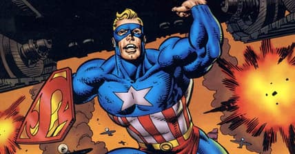 Super Soldier storms the battlefield in Super Soldier Vol. 1 #1 "Secret of the K-Bombs!" (1996), DC/Marvel Comics. Words by Mark Waid and Dave Gibbons, art by Dave Gibbons and Angus McKie.