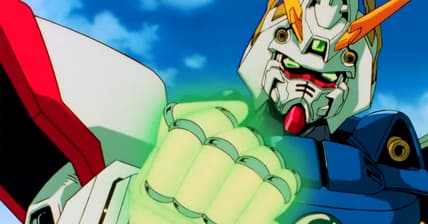 Dommon Kashu (Tomokazu Seki) takes in the might of his Shining Finger in Mobile Fighter G Gundam Episode 7 "Prepare to Fight! Desperate Fugitive!" (2002), Sunrise