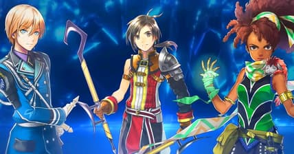 Seign (Kenji Akabane), Nowa (Gakuto Kajiwara), and Marisa (Sumire Uesaka) stand at the ready in Eiyuden Chronicles: Hundred Heroes (2024), 505 Games