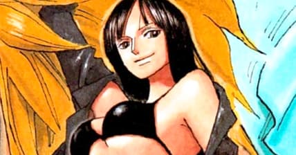 Robin tames a lion on Eiichiro Oda's color spread to One Piece Chapter 431 "Fist of Love" (2006), Shueisha