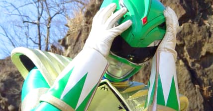 The Dragon Powerful Ranger (Takeshi Kusao) finds himself powerless before the might of a toy replica of the Zyusouken in Hikonin Sentai Akibaranger Season 2, Episode 5 "Delusional Imports" (2013), Toei Co. Ltd.