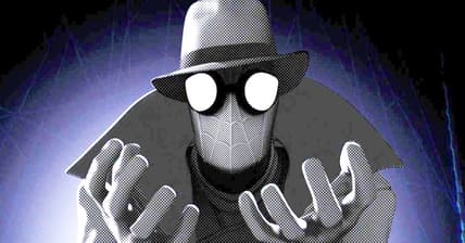 Spider-Man Noir (Nicolas Cage) implores Miles (Shameik Moore) for help in Spider-Man: Into the Spider-Verse (2018), Marvel Entertainment