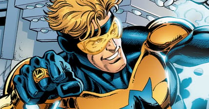 Booster Gold takes on the Royal Flush Gang in Booster Gold Vol. 2 #1 "52 Pick-Up (Part I) - Secret Origins" (2007), DC. Words by Geoff Johns and Jeff Katz, are by Dan Jurgens, Norm Rapmund, Hi-Fi Design, and Rob Leigh.