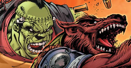 Creature Commando agents Frankenstein and Warren Griffith rain down hell in Justice League United Vol. 1 #14 "War Zone 2: Weird War" (2016), DC. Words by Jeff Parker, art by Paul Pelletier, Rob Hunter, Jeromy Cox, and Steve Wands.
