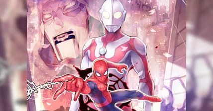 The titular heroes stand united in Tomo Hirokawa's key visual to Ultraman: Along Came a Spider-Man (2024), Shogakukan