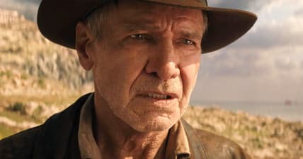 Indy (Harrison Ford) begs Helena (Phoebe Waller-Bridge) to let him stay in the past in Indiana Jones and the Dial of Destiny (2023), Lucasfilm