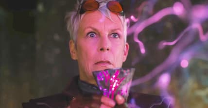 Dr. Tannis (Jamie Lee Curtis) makes a discovery in Borderlands (2024), Lionsgate