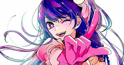 Ai strikes a pose on Oshi no Ko promotional image by Aka Akasaka, Shueisha/Shonen Jump+