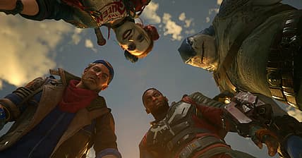 Harley Quinn, King Shark, Deadshot, and Captain Boomerang stare downwards in Suicide Squad: Kill
