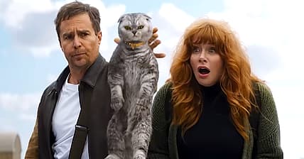 Sam Rockwell as Aidan Wilde and Bryce Dallas Howard as Elly Conway in Argylle (2024), Universal