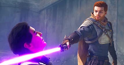 Cal Kestis (Cameron Monaghan) bests Bode (Noshir Dalal) in lightsaber duel in Star Wars Jedi