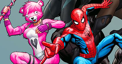 Cuddle Team Leader and Spider-Man on Frank Cho variant cover to Fortnite x Marvel: Zero War Vol. 1