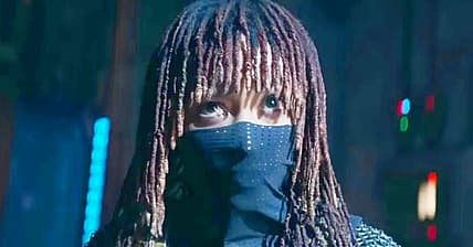 Mae (Amandla Stenberg) in headlights of passing airship in The Acolyte (2024), Disney