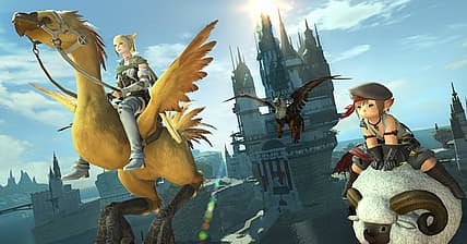 Three adventurers fly on mounts in Limsa Lominsa in Final Fantasy XIV: Shadowbringers (2019)