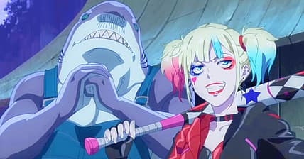 Harley Quinn (Anna Nagase) and King Shark (Subaru Kimura) ready to brawl in Suicide Squad ISEKAI