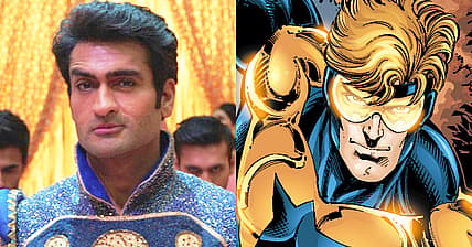 Kingo prepares to dance in Eternals (2021), Marvel; Booster Gold escapes in Booster Gold Vol. 2 #15