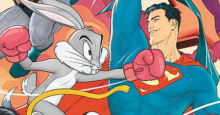 Bugs Bunny and Superman duke it out on Mikel Janin's variant cover to Multiversus: Collision