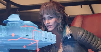 Kay Vess (Humberly González) overlooks her next heist target layout in Star Wars Outlaws (2024)
