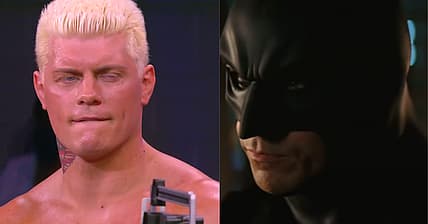 Cody Rhodes on AEW Dynamite in 2021 and Christian Bale in Batman Begins (2005), Warner Bros.