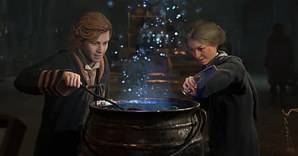 Gryffindor and Ravenclaw student brew potion in cauldron in Hogwarts Legacy (2023), Warner Bros