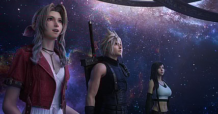 Aerith Gainsborough (Briana White), Tifa Lockhart (Britt Baron), and Cloud Strife (Cody Christian) in awe at the Planetarium in Final Fantasy VII Rebirth (2024), Square Enix