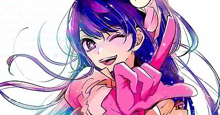 Ai strikes a pose on an Oshi no Ko promotional image penned by Aka Akasaka for Shueisha's Shonen Jump+