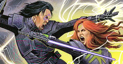 Sahe Koda and Tau come to blows on David Michael Beck's cover to Star Wars: Dawn of the Jedi - Force War Vol. 1 #5 (2014), Dark Horse Comics