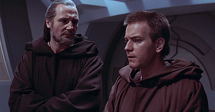 Qui-Gon Jinn (Liam Neeson) gives Obi-Wan Kenobi (Ewan McGregor) a lesson about mindfulness in Star Wars Episode I: The Phantom Menace (1999), Lucasfilm Ltd.